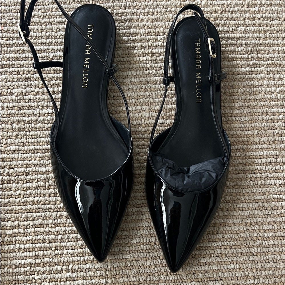Tamara Mellon Black Patent Pointed Slingback Flats NIB